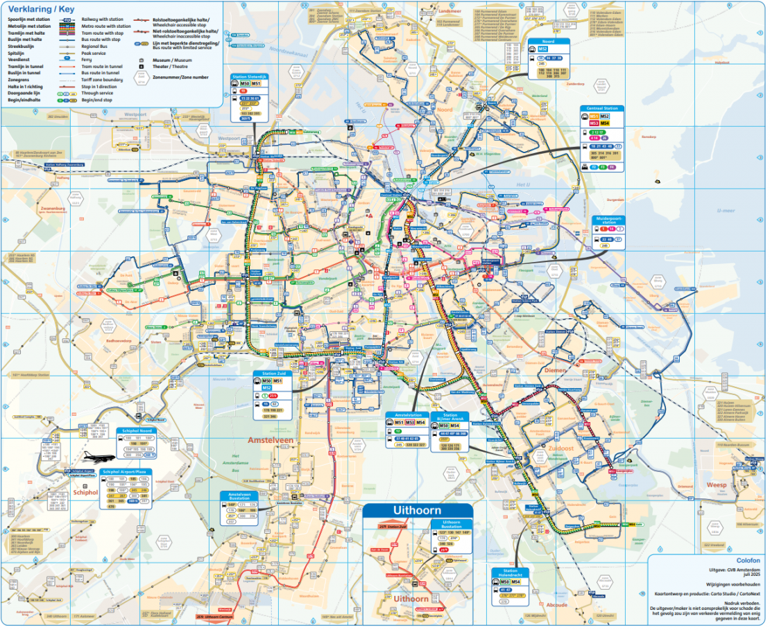 Kart over kollektivtransport i Amsterdam